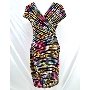 Joseph Ribkoff Ruched Bodycon Dress 10 Abstract Colorful Bold Cocktail Stretch